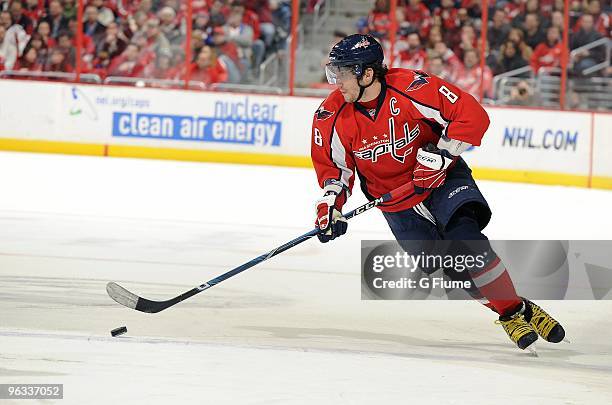 Alex Ovechkin of the Washington Capitals handles the puck against the Florida Panthers January 29, 2010 at the Verizon Center in Washington D.C.