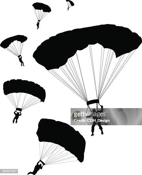 ilustraciones, imágenes clip art, dibujos animados e iconos de stock de parachuters ~ vector - salto en paracaidas
