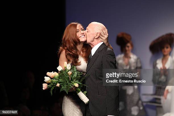 Miriam Leone and designer Lorenzo Riva attend Lorenzo Riva fashion show as part of the Rome Fashion Week Spring / Summer 2010 on February 01, 2010 in...