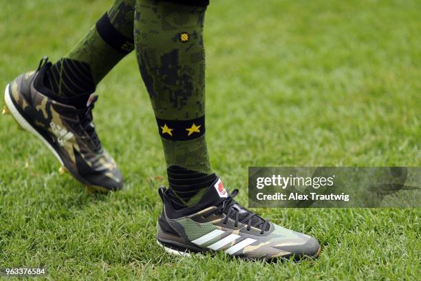 Detail view of the cleats of Carlos Correa of the Houston Astros prior to the start of a game against the New York Yankees at Yankee Stadium on...