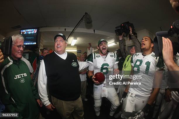 Quarterback Mark Sanchez and Head Coach Rex Ryan of the New York Jets celebrate the victory against the San Diego Chargers when the Chargers host the...