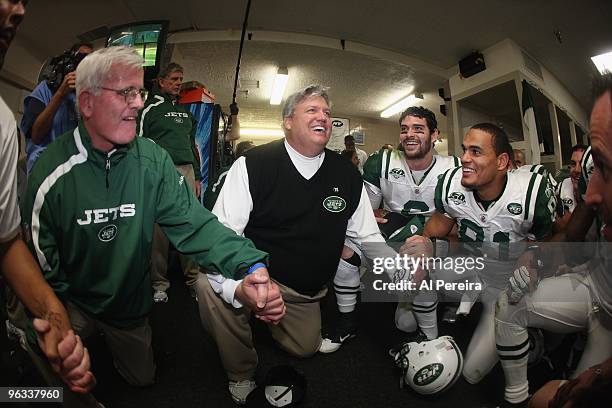 Quarterback Mark Sanchez and Head Coach Rex Ryan of the New York Jets celebrate the victory against the San Diego Chargers when the Chargers host the...