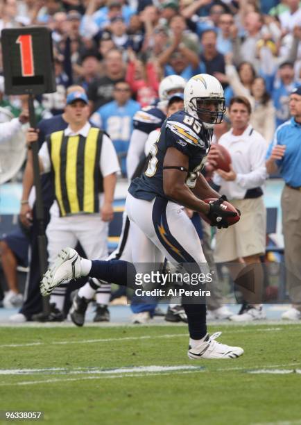 Tight End Antonio Gates of the San Diego Chargers has a long gain against the New York Jets when the Chargers host the Jets in the Divisional...