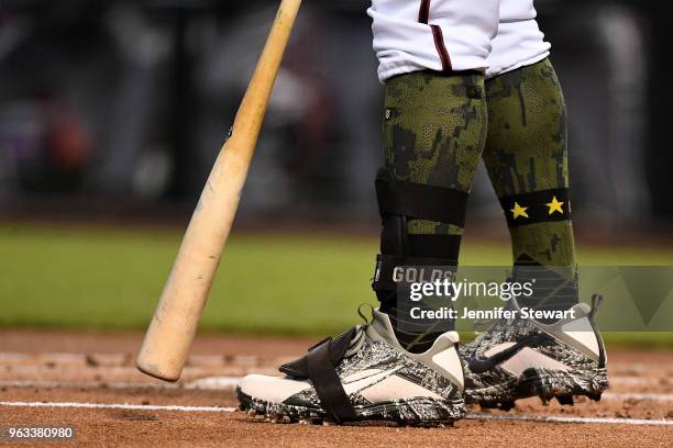Detailed view of the Nike baseball cleats worn by Paul Goldschmidt of the Arizona Diamondbacks during the MLB game against the Cincinnati Reds at...