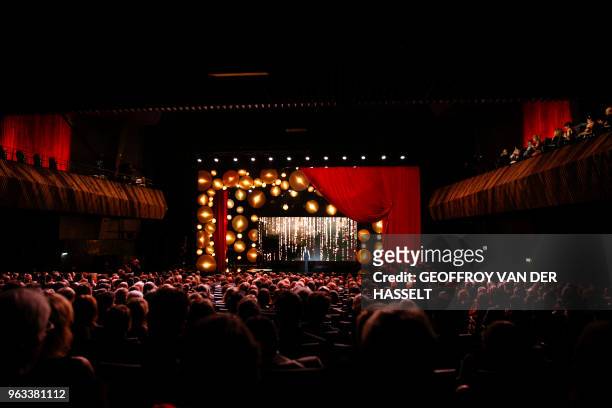 French actress Zabou Breitman speaks on stage during the 30th Molieres French theatre award ceremony on May 28 at the Salle Pleyel in Paris.