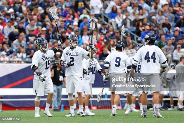 Yale Bulldogs players celebrate a goal during the NCAA Division I Men's Championship match between Duke Blue Devils and Yale Bulldogs on May 28 at...
