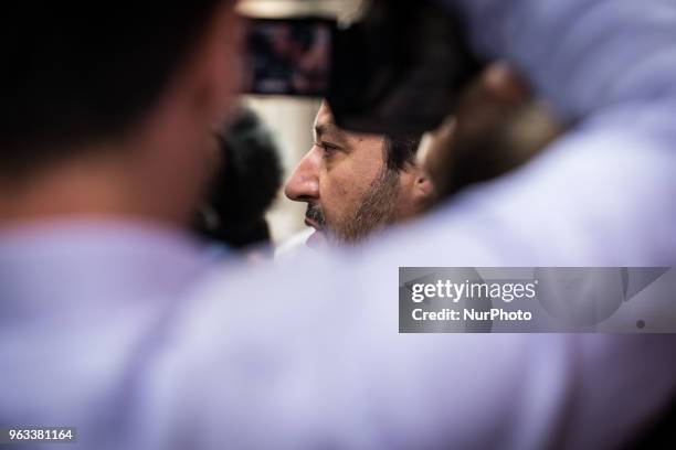 Northern League leader Matteo Salvini speaks with the press on May 28, 2018 after leaving the Chamber of Deputies in Rome, Italy. Italian President...