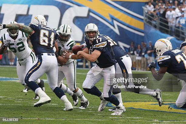 Quarterback Phillip Rivers of the San Diego Chargers turns to hand off the ball against the New York Jets when the Chargers host the Jets in the...
