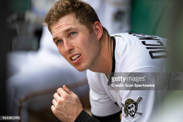 Pittsburgh Pirates left fielder Corey Dickerson looks on from the dugout during an MLB game between the Pittsburgh Pirates and Chicago Cubs on May...