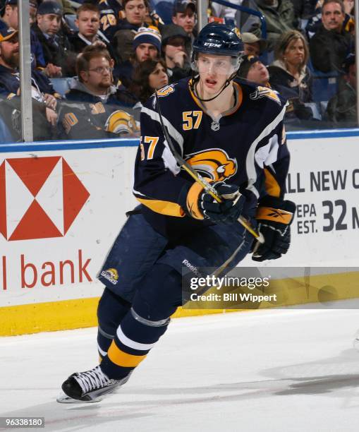 Tyler Myers of the Buffalo Sabres skates against the New Jersey Devils on January 27, 2010 at HSBC Arena in Buffalo, New York.