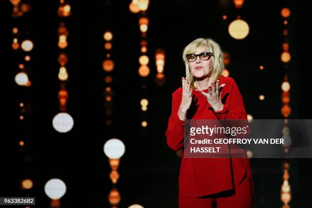 French actress Chantal Ladesou speaks on stage during the 30th Molieres French theatre award ceremony on May 28 at the Salle Pleyel in Paris.
