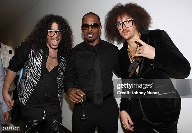 Jamie Foxx and LMFAO attend Jamie Foxx's Post Grammy Party at The Conga Room at L.A. Live on January 31, 2010 in Los Angeles, California.