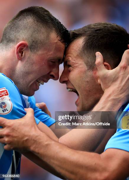 Jordan Shipley of Coventry City celebrates scoring their 2nd goal with Michael Doyle during the Sky Bet League Two Play Off Final between Coventry...