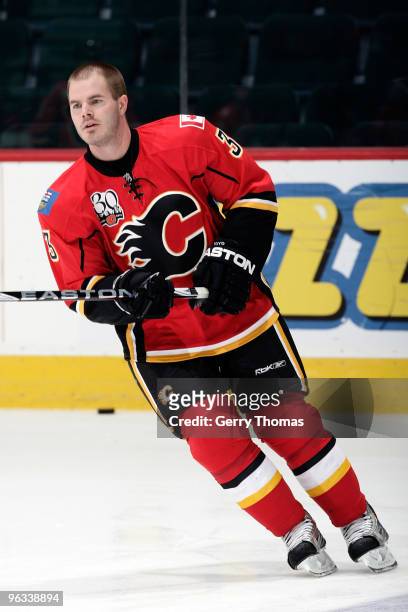 Ian White skates during the warmup before his first game as a Calgary Flames against the Philadelphia Flyers on February 1, 2010 at Pengrowth...