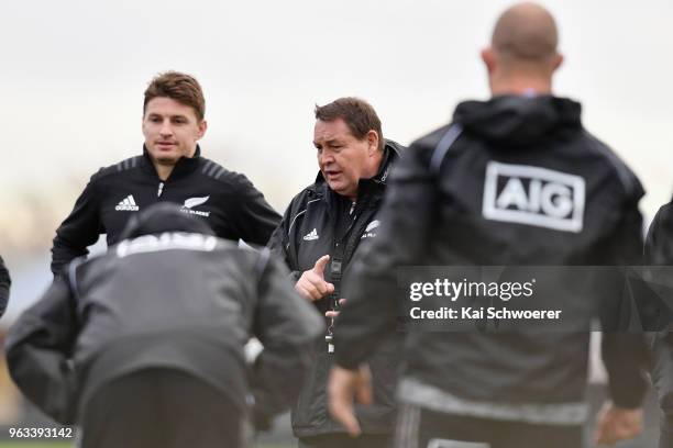 Head Coach Steve Hansen speaks to his players during a New Zealand All Blacks training session at Linwood Rugby Club on May 29, 2018 in Christchurch,...