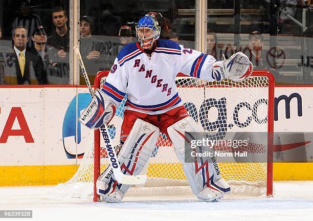 Goaltender Chad Johnson of the New York Rangers gets ready to make a save against the Phoenix Coyotes on January 30, 2010 at Jobing.com Arena in...