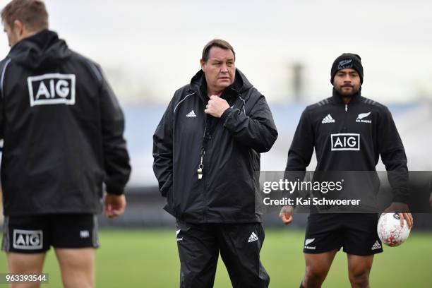Head Coach Steve Hansen looks on during a New Zealand All Blacks training session at Linwood Rugby Club on May 29, 2018 in Christchurch, New Zealand.