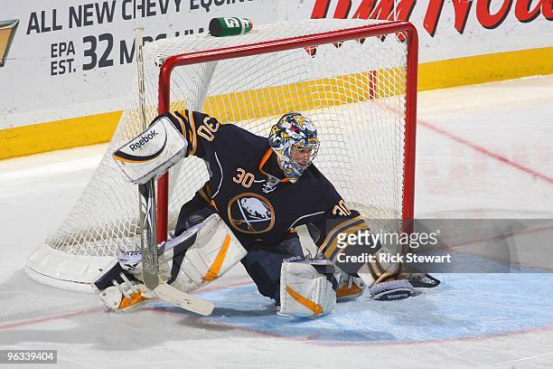 Goalie Ryan Miller of the Buffalo Sabres guards the net against the Boston Bruins during a game at HSBC Arena on January 29, 2010 in Buffalo, New...