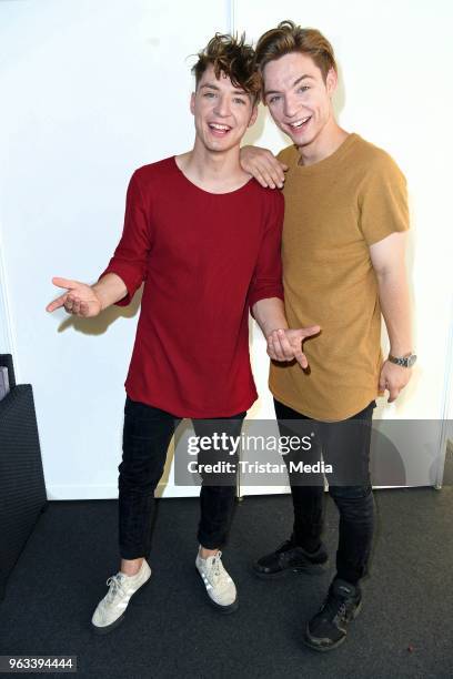 Roman Lochmann and Heiko Lochmann of the duo Die Lochis pose backstage during the Hessentag 2018 on May 28, 2018 in Korbach, Germany.