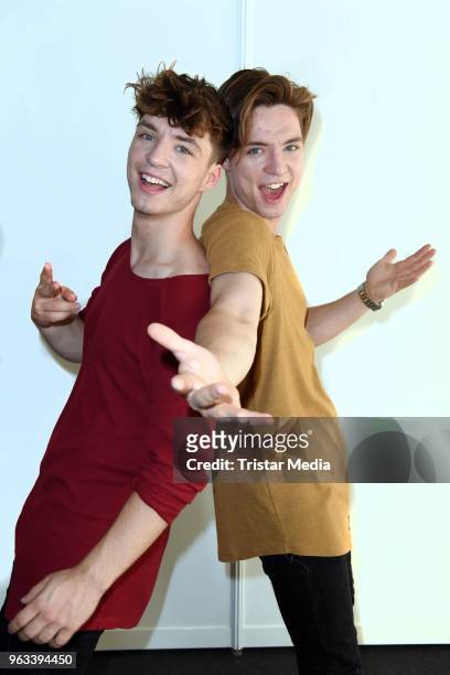 Roman Lochmann and Heiko Lochmann of the duo Die Lochis pose backstage during the Hessentag 2018 on May 28, 2018 in Korbach, Germany.