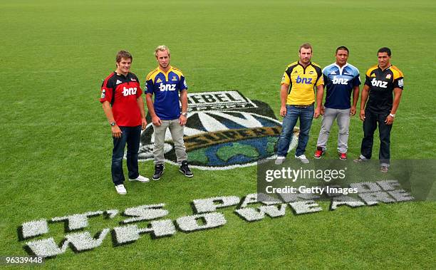 Super 14 captains Richie McCaw of the Crusaders, Jimmy Cowan of the Highlanders, Andrew Hore of the Hurricanes, Keven Mealamu and Mils Muliaina of...