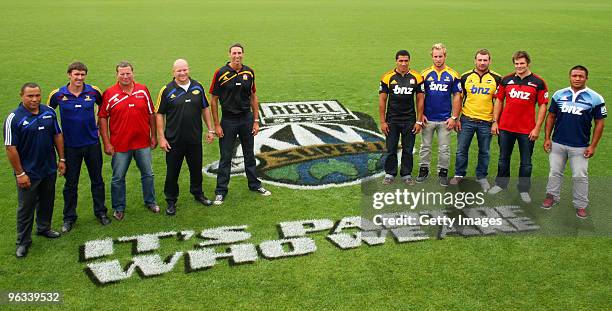 Original Super Rugby players Ofisa Tonu'u, John Lesley, Richard Loe, Mark Allen and Ian Jones stand with current Super 14 captains Mils Muliaina of...