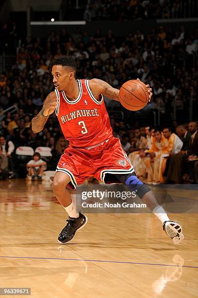 Brandon Jennings of the Milwaukee Bucks drives the ball to the basket during the game against the Los Angeles Lakers on January 10, 2010 at Staples...