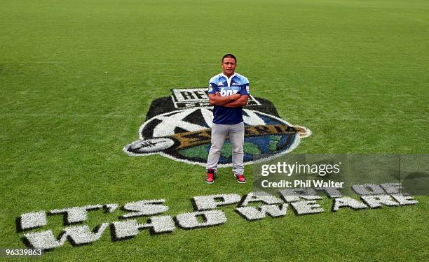 Blues captain Keven Mealamu poses on the field during the 2010 Super 14 Season Launch held at the Trusts Stadium on February 2, 2010 in Auckland, New...