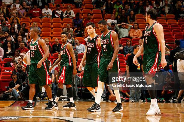 Milwaukee Bucks team comes out of the timeout against the Milwaukee Bucks on February 1, 2010 at American Airlines Arena in Miami, Florida. NOTE TO...