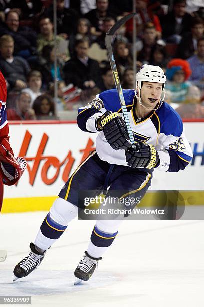 Cam Janssen of the St. Louis Blues skates during the NHL game against the Montreal Canadiens on January 20, 2010 at the Bell Centre in Montreal,...