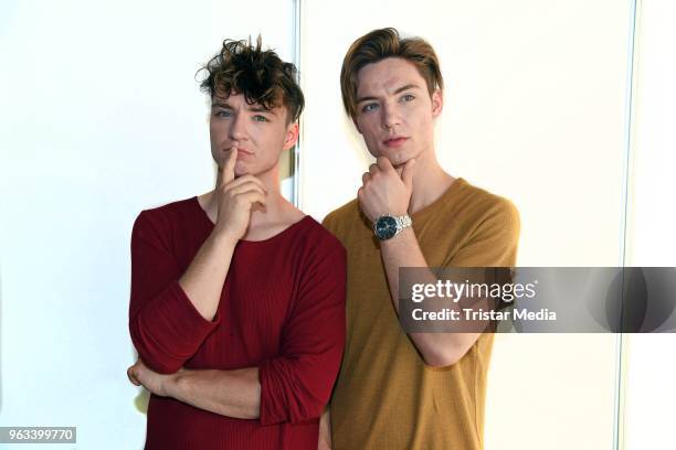 Roman Lochmann and Heiko Lochmann of the duo Die Lochis pose backstage during the Hessentag 2018 on May 28, 2018 in Korbach, Germany.