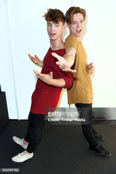 Roman Lochmann and Heiko Lochmann of the duo Die Lochis pose backstage during the Hessentag 2018 on May 28, 2018 in Korbach, Germany.