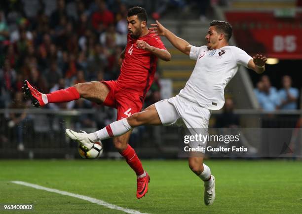 Portugal and AC Milan forward Andre Silva with Tunisia defender Yassine Meriah in action during the International Friendly match between Portugal and...