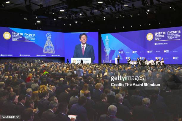 Japanese Prime Minister Shinzo Abe addresses during the St. Petersburg International Economic Forum on May 25, 2018 in Saint Petersburg, Russia.