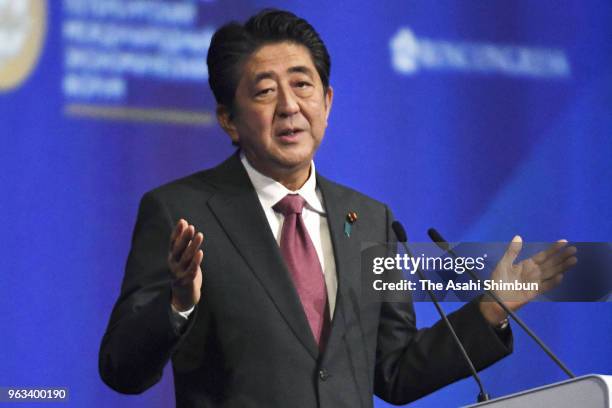 Japanese Prime Minister Shinzo Abe addresses during the St. Petersburg International Economic Forum on May 25, 2018 in Saint Petersburg, Russia.