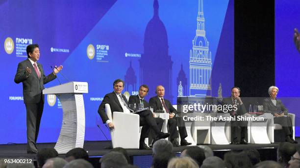 Japanese Prime Minister Shinzo Abe addresses during the St. Petersburg International Economic Forum on May 25, 2018 in Saint Petersburg, Russia.