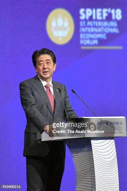 Japanese Prime Minister Shinzo Abe addresses during the St. Petersburg International Economic Forum on May 25, 2018 in Saint Petersburg, Russia.