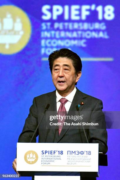 Japanese Prime Minister Shinzo Abe addresses during the St. Petersburg International Economic Forum on May 25, 2018 in Saint Petersburg, Russia.