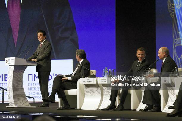 Japanese Prime Minister Shinzo Abe addresses during the St. Petersburg International Economic Forum on May 25, 2018 in Saint Petersburg, Russia.