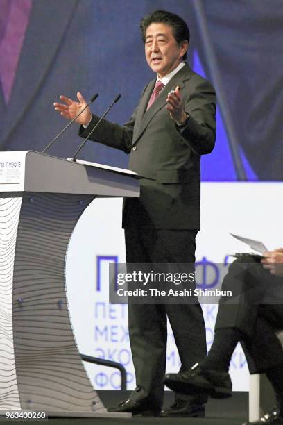 Japanese Prime Minister Shinzo Abe addresses during the St. Petersburg International Economic Forum on May 25, 2018 in Saint Petersburg, Russia.