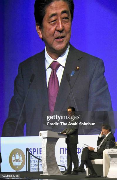 Japanese Prime Minister Shinzo Abe addresses during the St. Petersburg International Economic Forum on May 25, 2018 in Saint Petersburg, Russia.