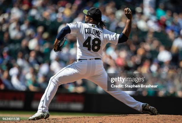 Reliever Alex Colome of the Seattle Mariners delivers a pitch during the eighth inning of a game against the Texas Rangers at Safeco Field on May 28,...