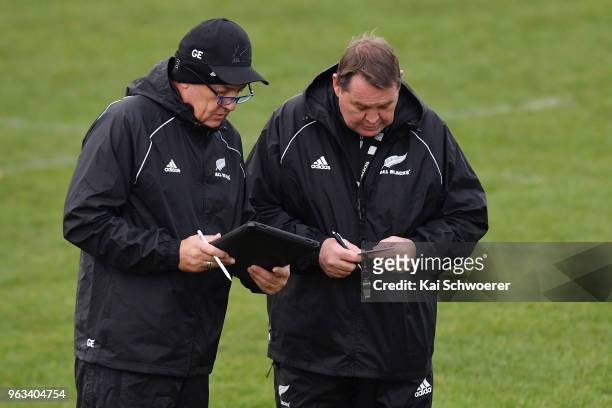 Manager Gilbert Enoka and Head Coach Steve Hansen look on during a New Zealand All Blacks training session at Linwood Rugby Club on May 29, 2018 in...