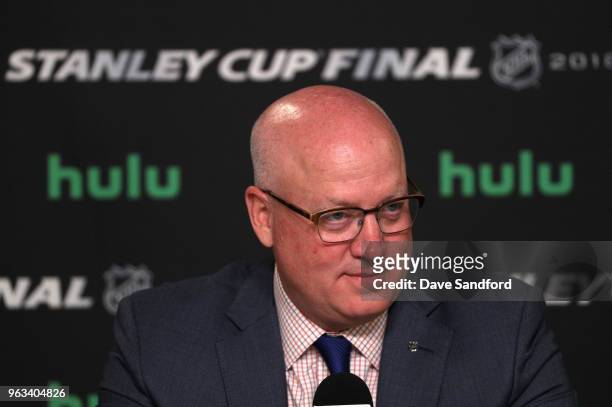 Deputy commissioner Bill Daly speaks to the media before Game One of the 2018 NHL Stanley Cup Final between the Washington Capitals and the Vegas...
