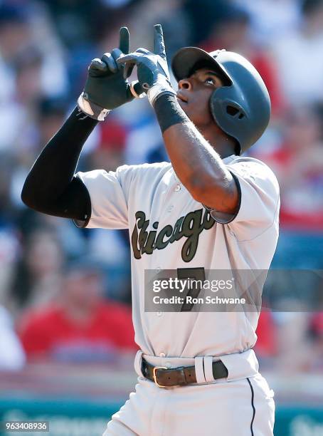 Tim Anderson of the Chicago White Sox celebrates after hitting a solo home run off starting pitcher Adam Plutko of the Cleveland Indians during the...