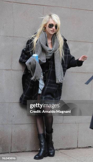 Actress Taylor Momsen works on the set of "Gossip Girl" on February 1, 2010 in New York City.