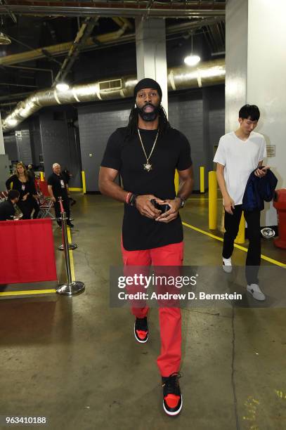 Nene Hilario of the Houston Rockets arrives before the game against the Golden State Warriors during Game Seven of the Western Conference Finals of...