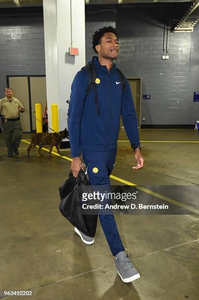 Damian Jones of the Golden State Warriors arrives before the game against the Houston Rockets during Game Seven of the Western Conference Finals of...