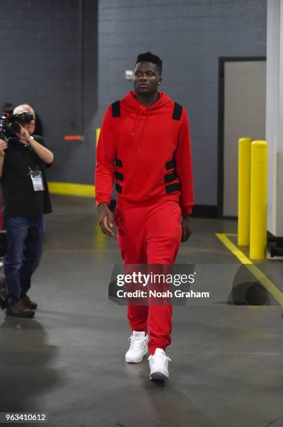 Clint Capela of the Houston Rockets arrives before Game Seven of the Western Conference Finals against the Golden State Warriors during the 2018 NBA...