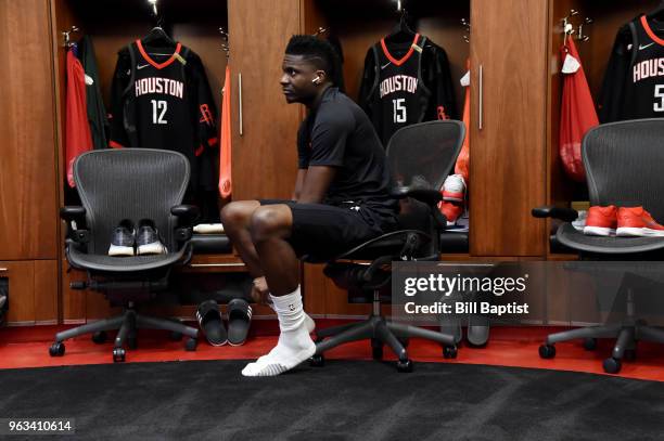 Clint Capela of the Houston Rockets looks on in the locker room prior to Game Seven of the Western Conference Finals during the 2018 NBA Playoffs...